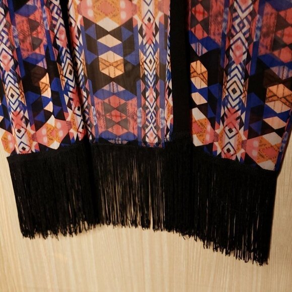 Peck & Peck Womens Fringe Aztec Silky Kimono Medium - Picture 4 of 6